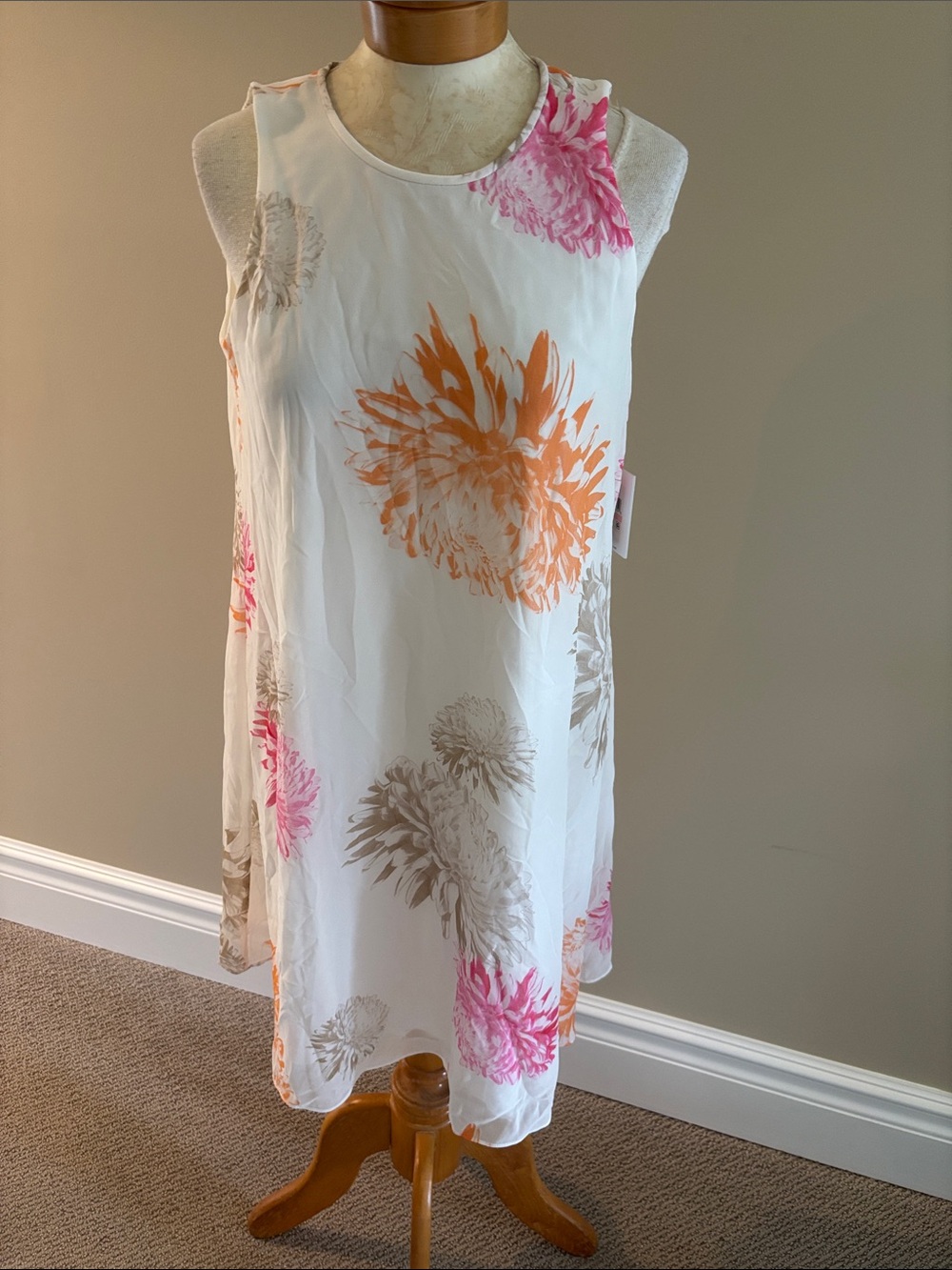 Calvin Klein White Midi Dress with Pink, Orange & Beige Floral Print